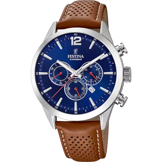 Montre Festina chronographe cuir marron cadran bleu